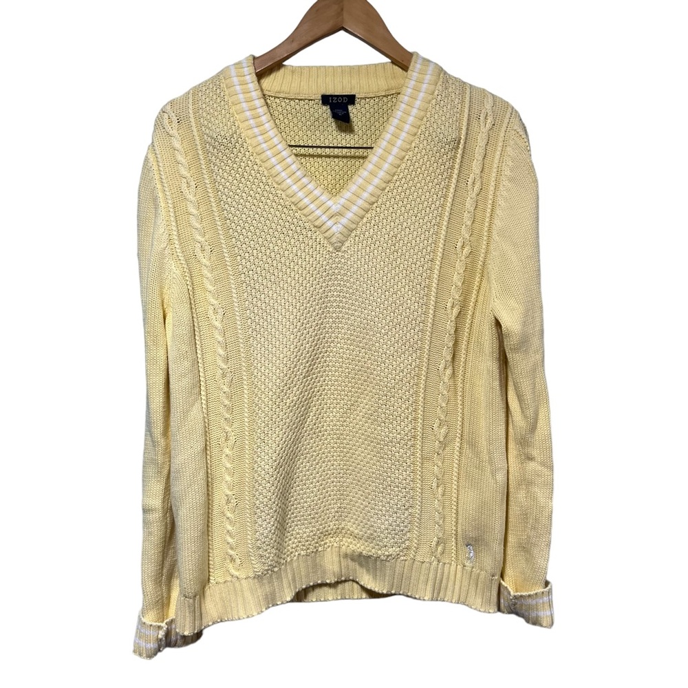 IZOD Yellow Cable‎ Knit V-Neck Sweater Striped Trim Preppy Golf Mens Med #410